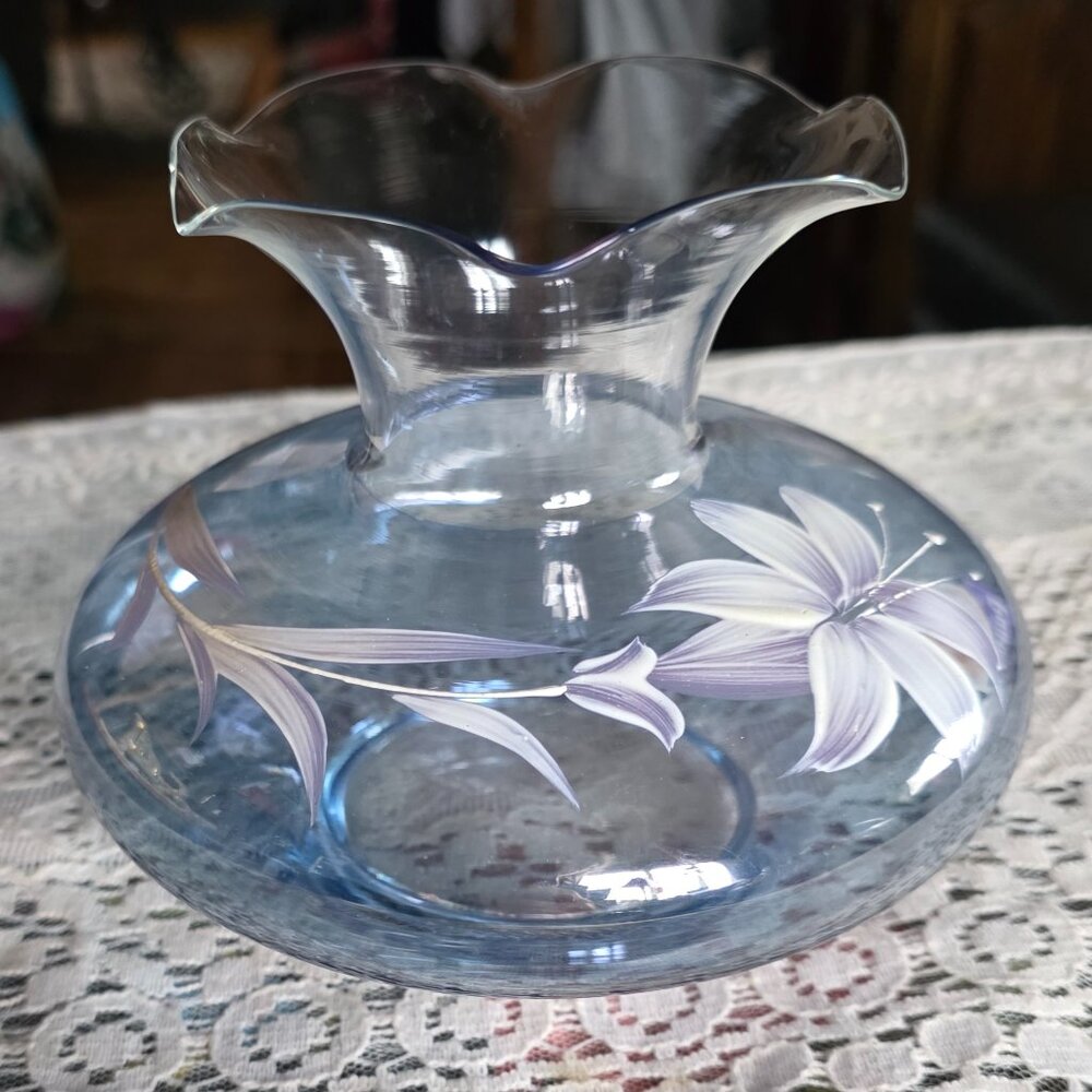VINTAGE Hand Painted Blown Glass Iridescent Blue/Lavender Console